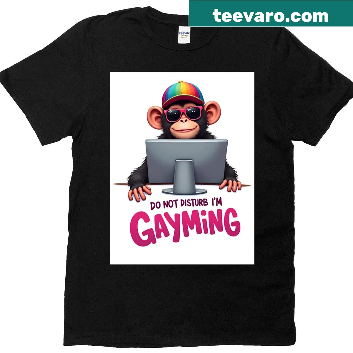 Funny T-shirt with a monkey graphic and gaming message 'Do Not Disturb, I'm Gayming!' — on a men's t-shirt