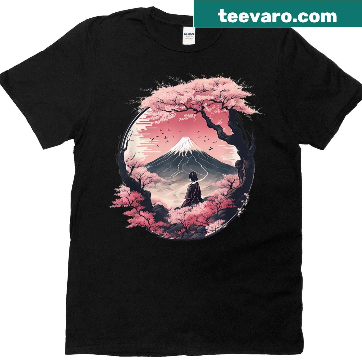 T-shirt featuring Mount Fuji, cherry blossoms, and a geisha illustration — on a men's t-shirt
