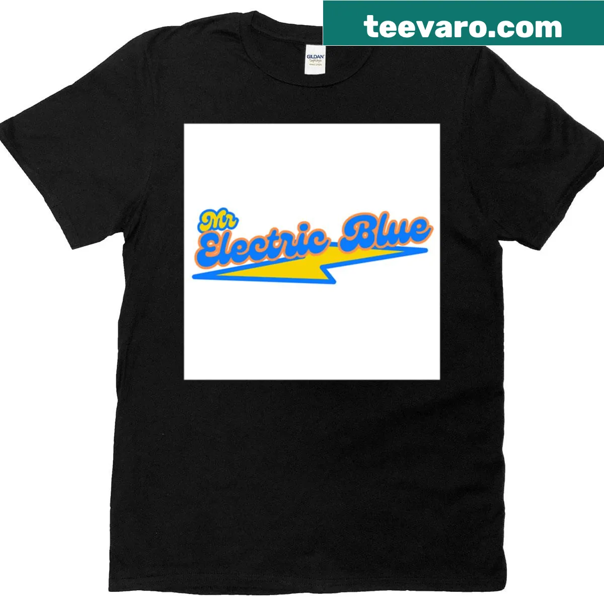 T-shirt featuring Mr Electric Blue text in a striking design — on a men's t-shirt
