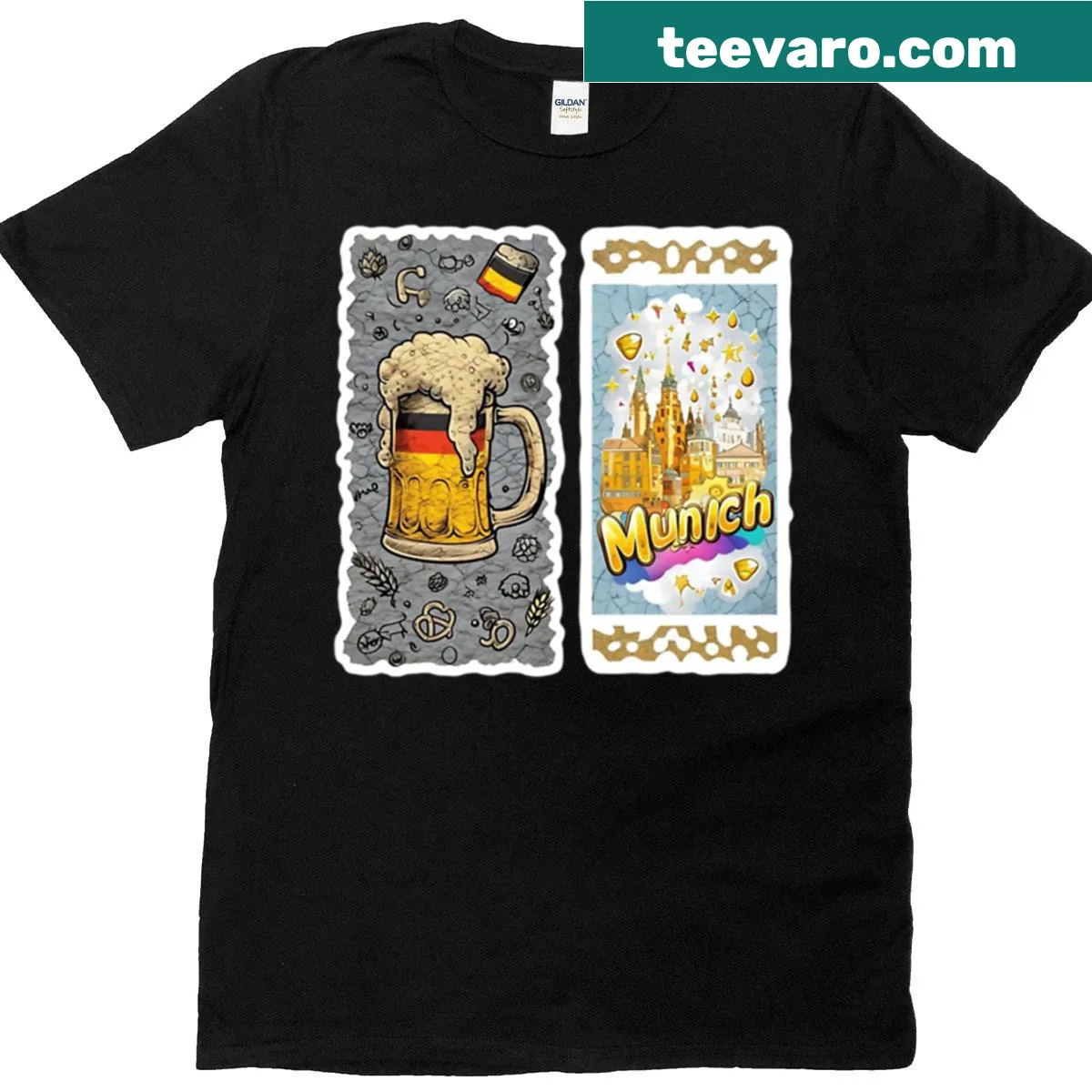 Vintage cityscape t-shirt with stickers reflecting Munich culture — on a men's t-shirt