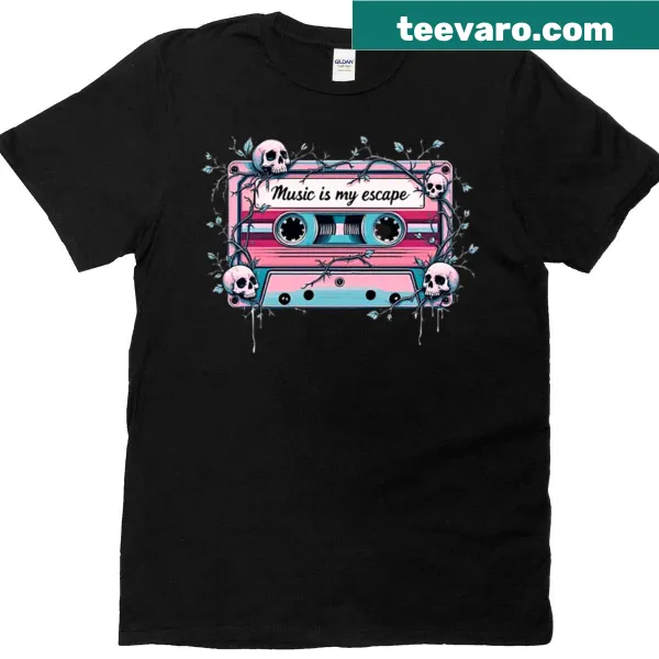 T-shirt with the phrase Music Is My Escape in a bold design