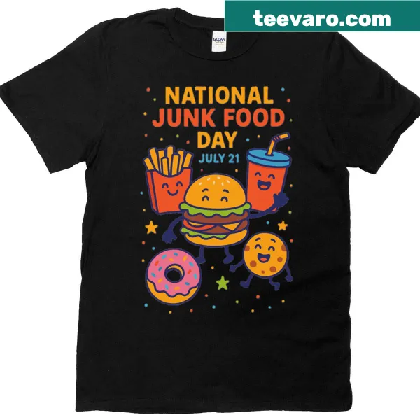 T-shirt celebrating National Junk Food Day with fun graphics of snacks