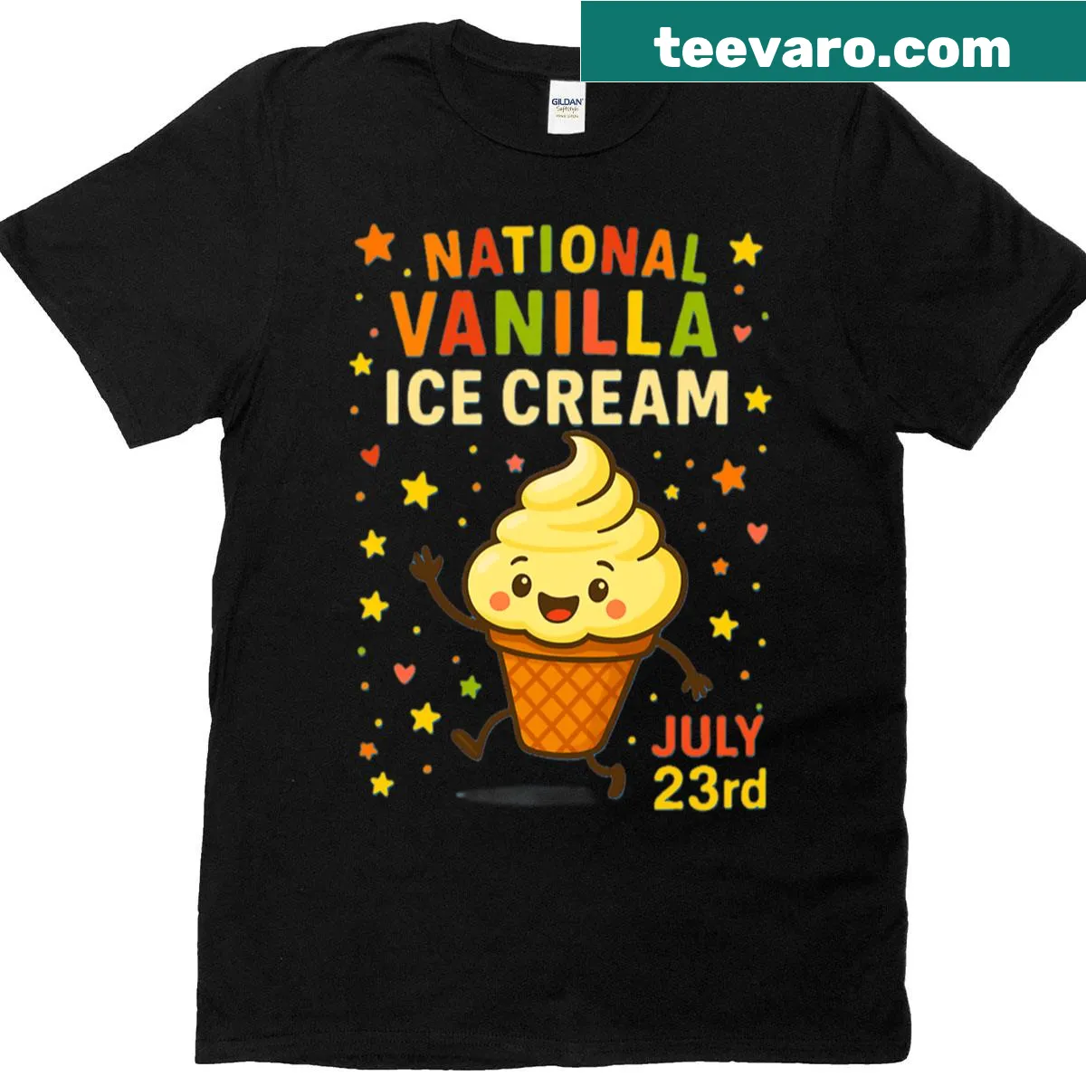 Oversized t-shirt celebrating National Vanilla Ice Cream Day with a scoop graphic — on a men's t-shirt