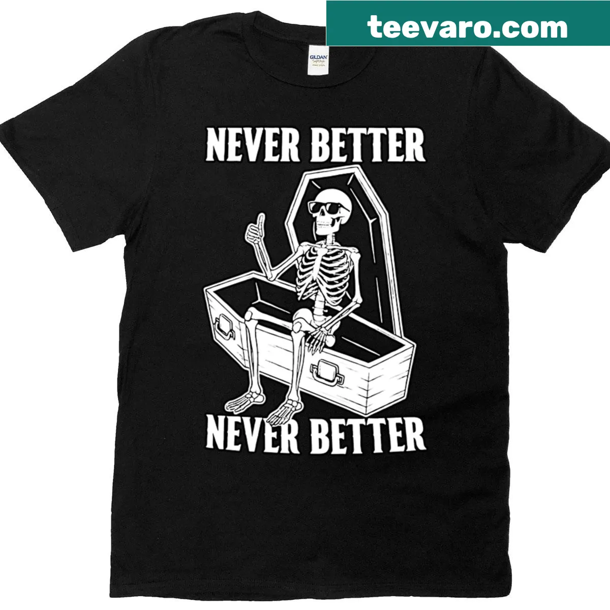 Skeleton in a coffin graphic with dark humor text on t-shirt — on a men's t-shirt