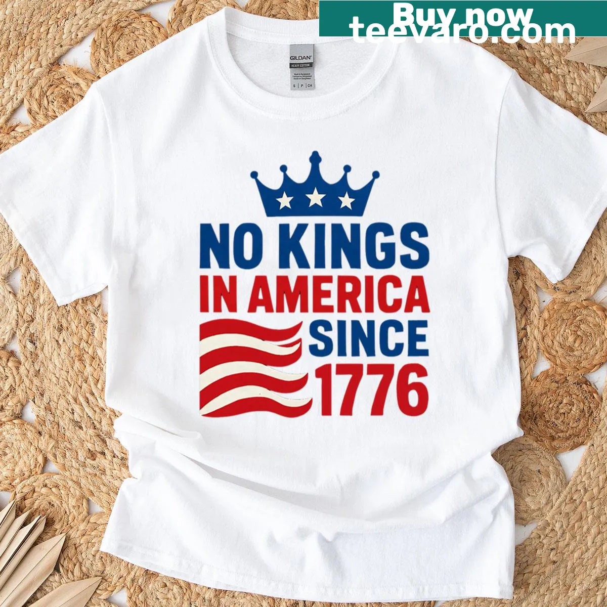 Text-based design saying No Kings In America Since 1776. — on a men's t-shirt