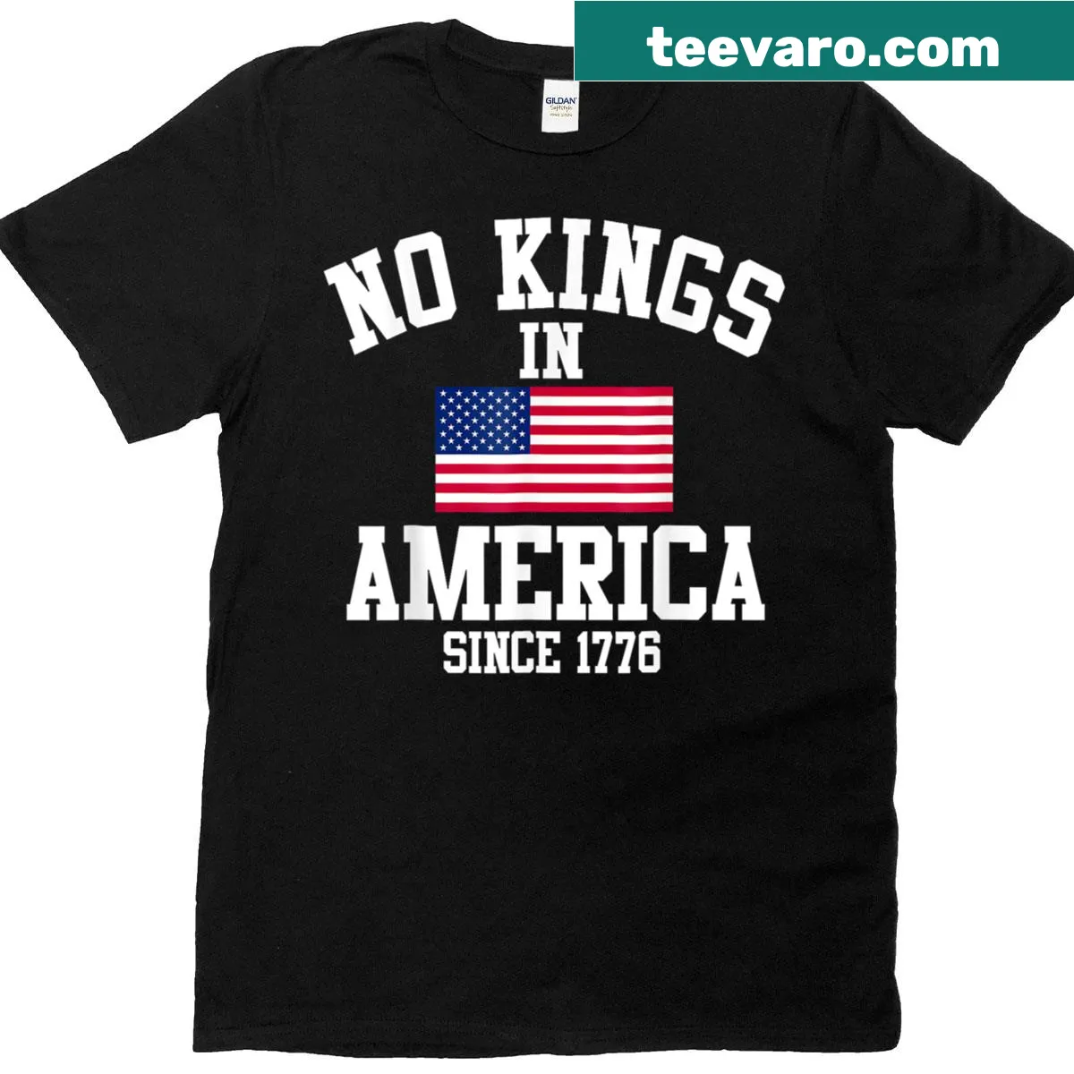 Vintage patriotic t-shirt with American flag and 'No Kings In America Since 1776' text — on a men's t-shirt