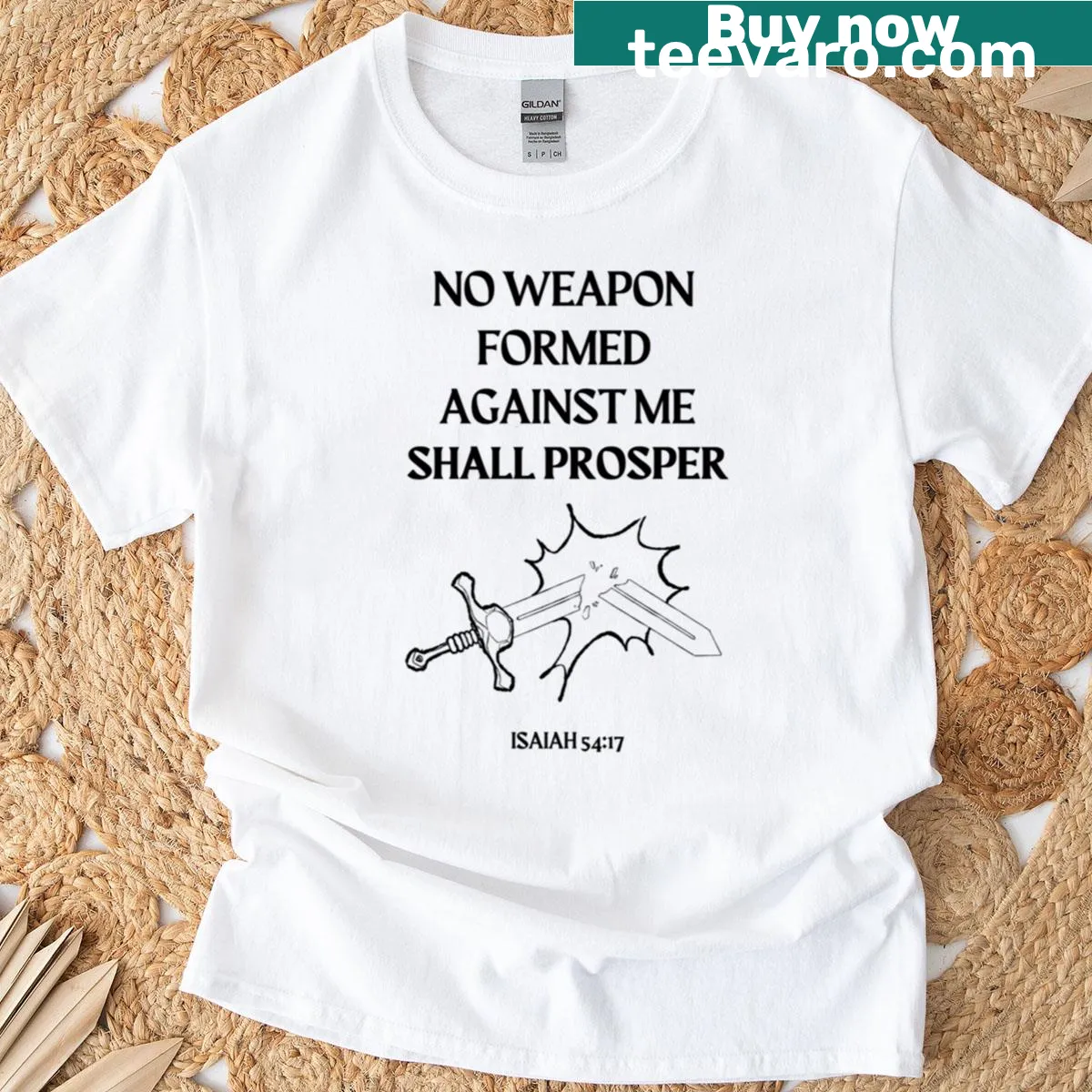 Inspirational t-shirt with the phrase 'No Weapon Formed Against Me Shall Prosper' in bold typography — on a men's t-shirt