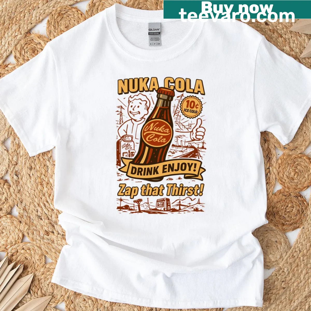 Nuka Cola T-shirt featuring playful soda-themed graphic — on a men's t-shirt