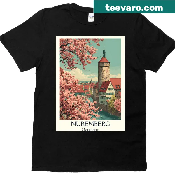 Illustration of cherry blossoms and a tower view from Nuremberg