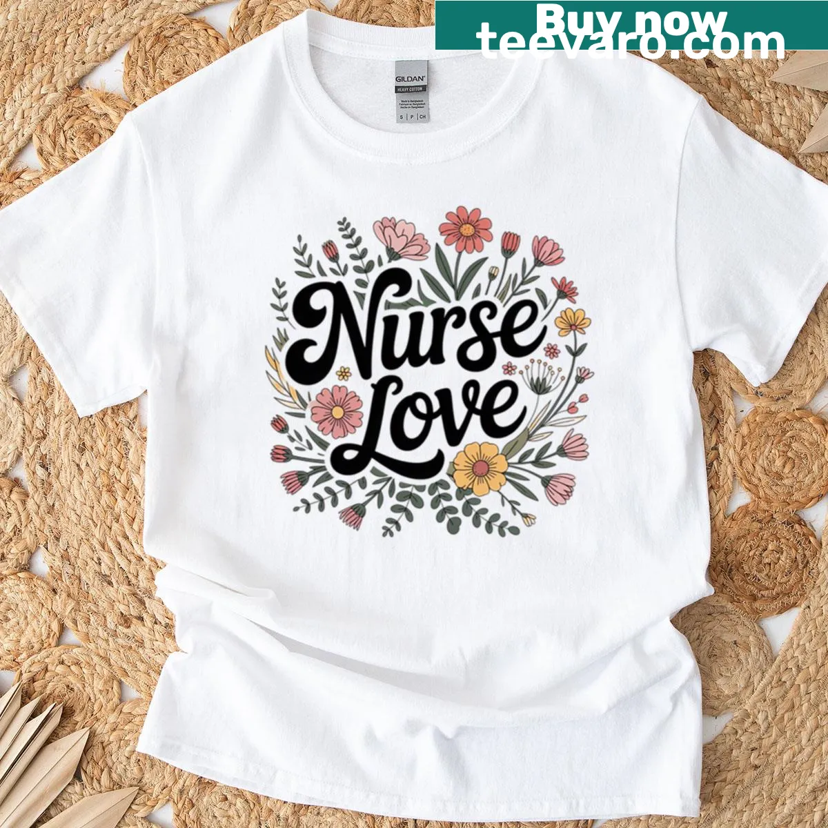 Whimsical floral design shirt with the word 'Love' for nurses — on a men's t-shirt