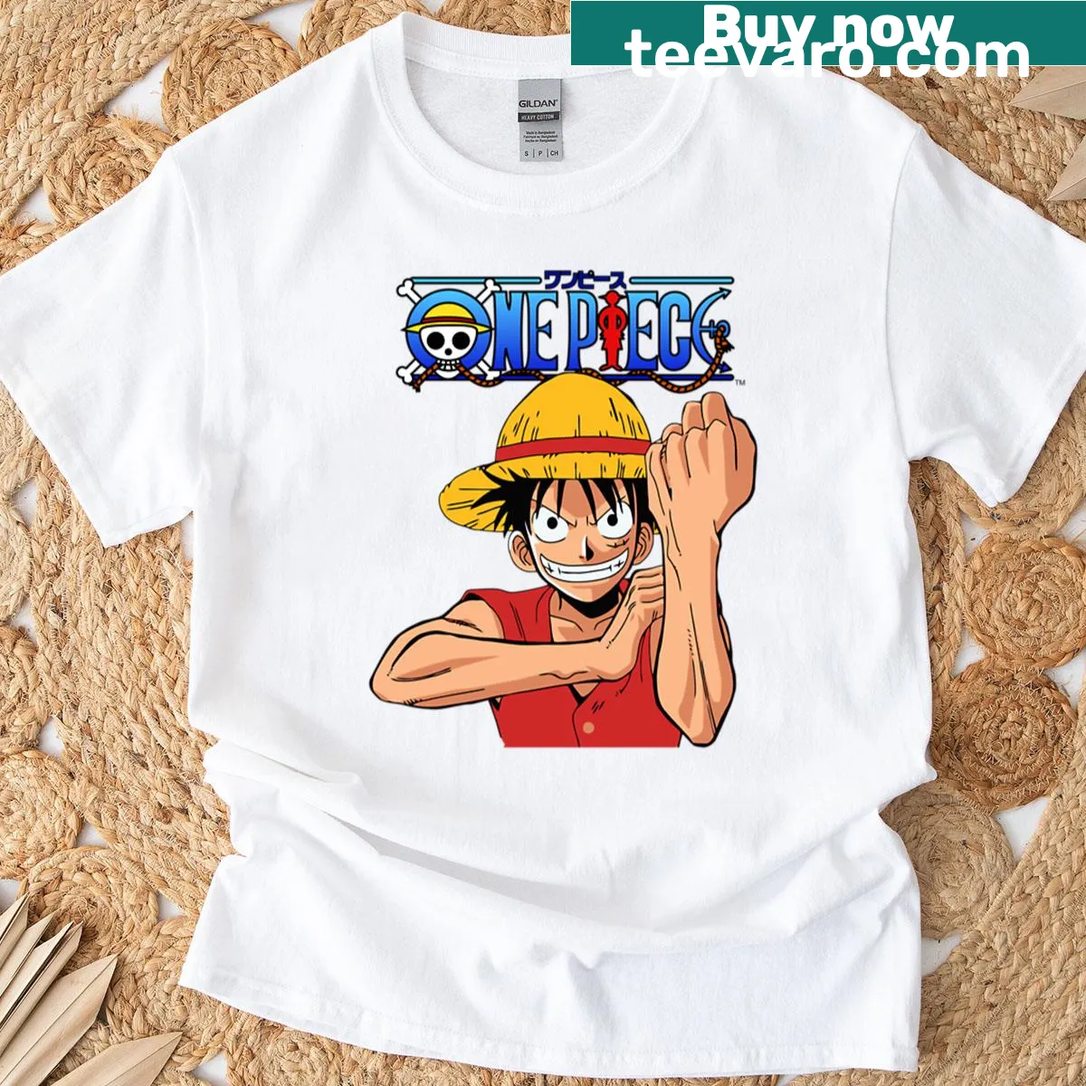 Illustration of Luffy from One Piece, the Pirate King. — on a men's t-shirt