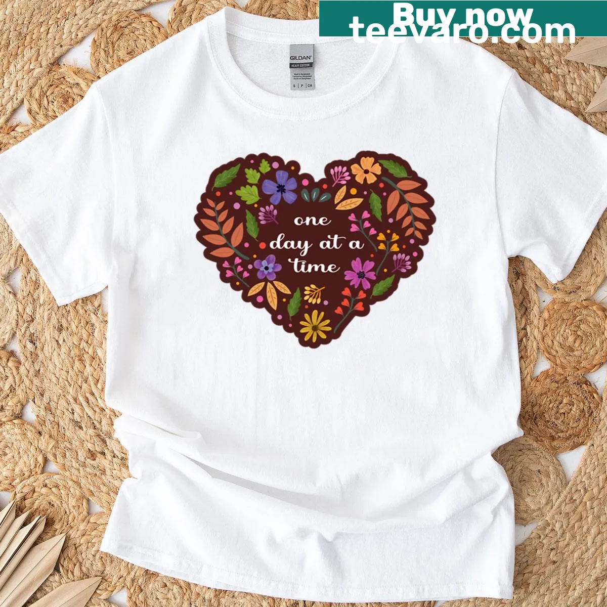 Oxblood heart with flowers and quote One Day At A Time T-shirt — on a men's t-shirt