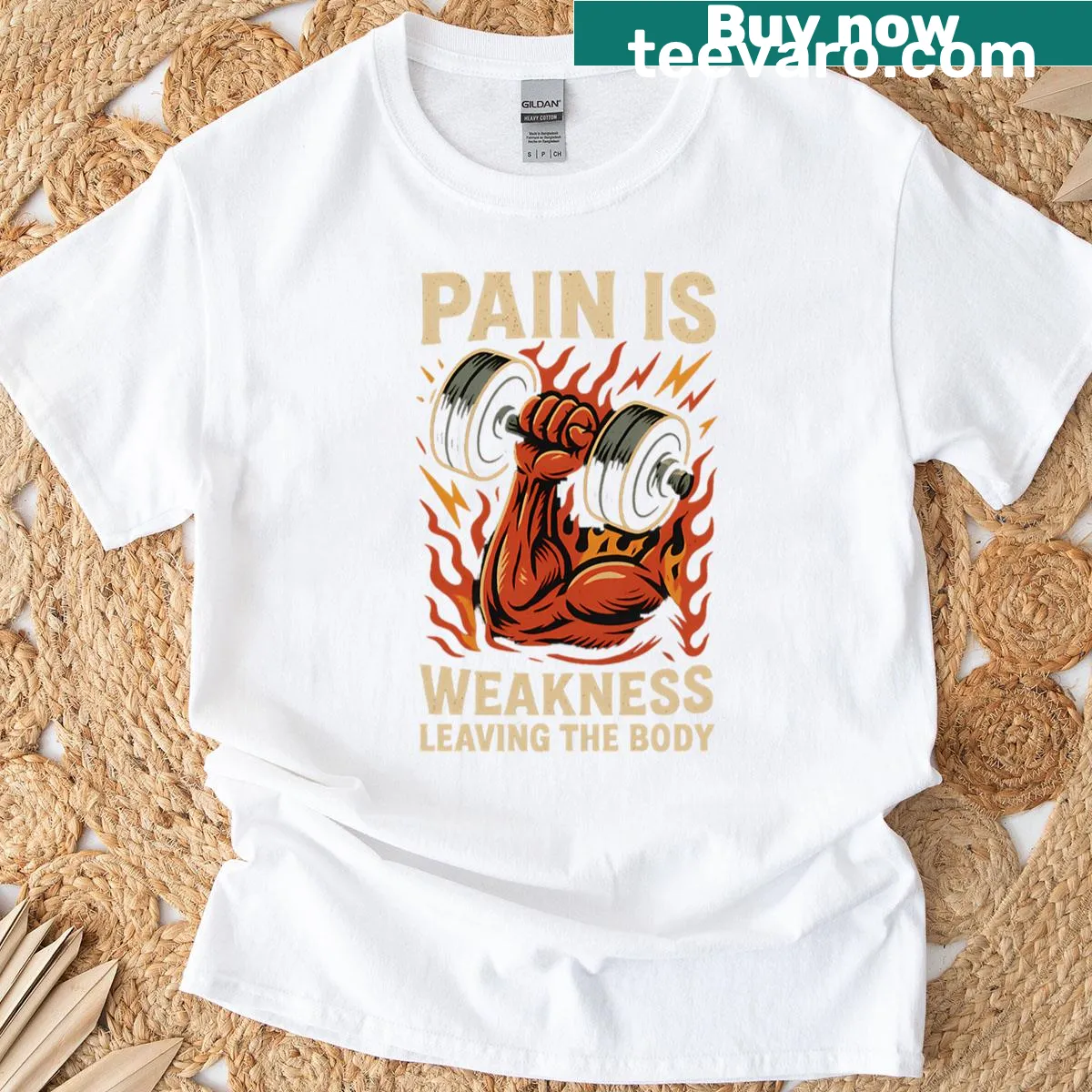 Motivational fitness T-shirt with the phrase 'Pain Is Weakness Leaving The Body.' — on a men's t-shirt