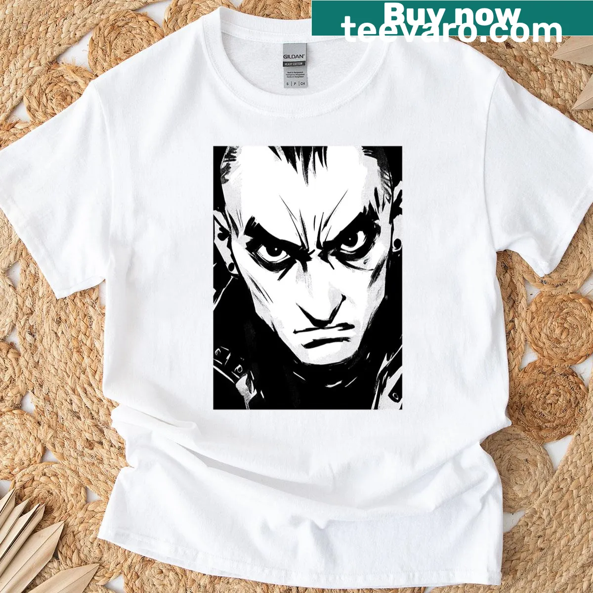 Punk T-shirt featuring an angry character in a studded leather vest — on a men's t-shirt