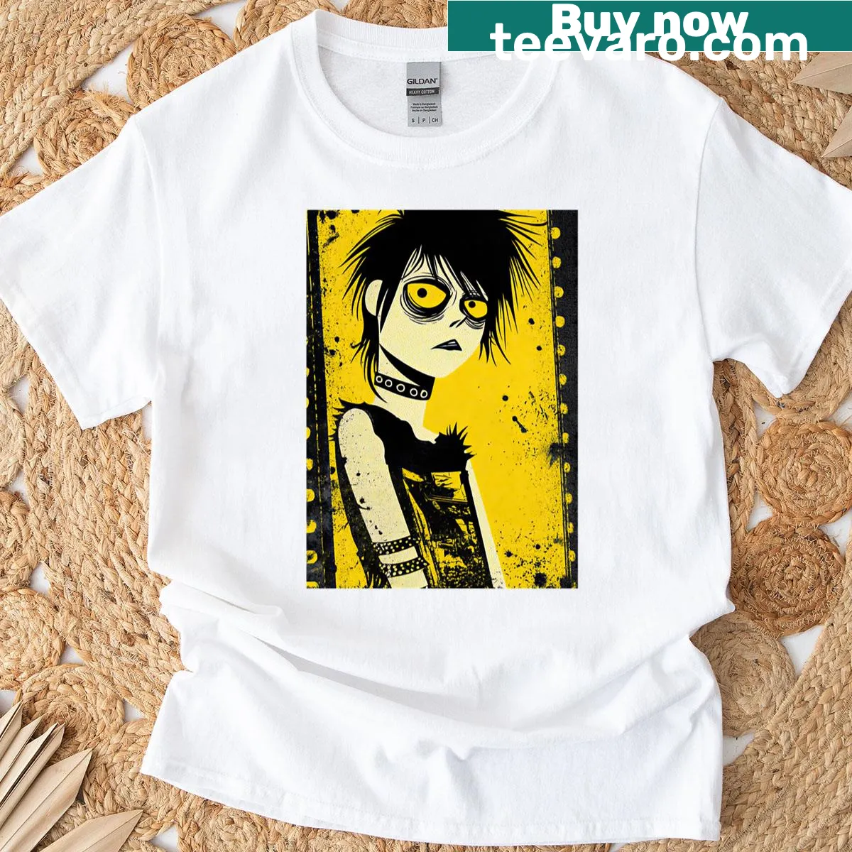 Illustrative T-shirt featuring a punk character with dark shadows — on a men's t-shirt