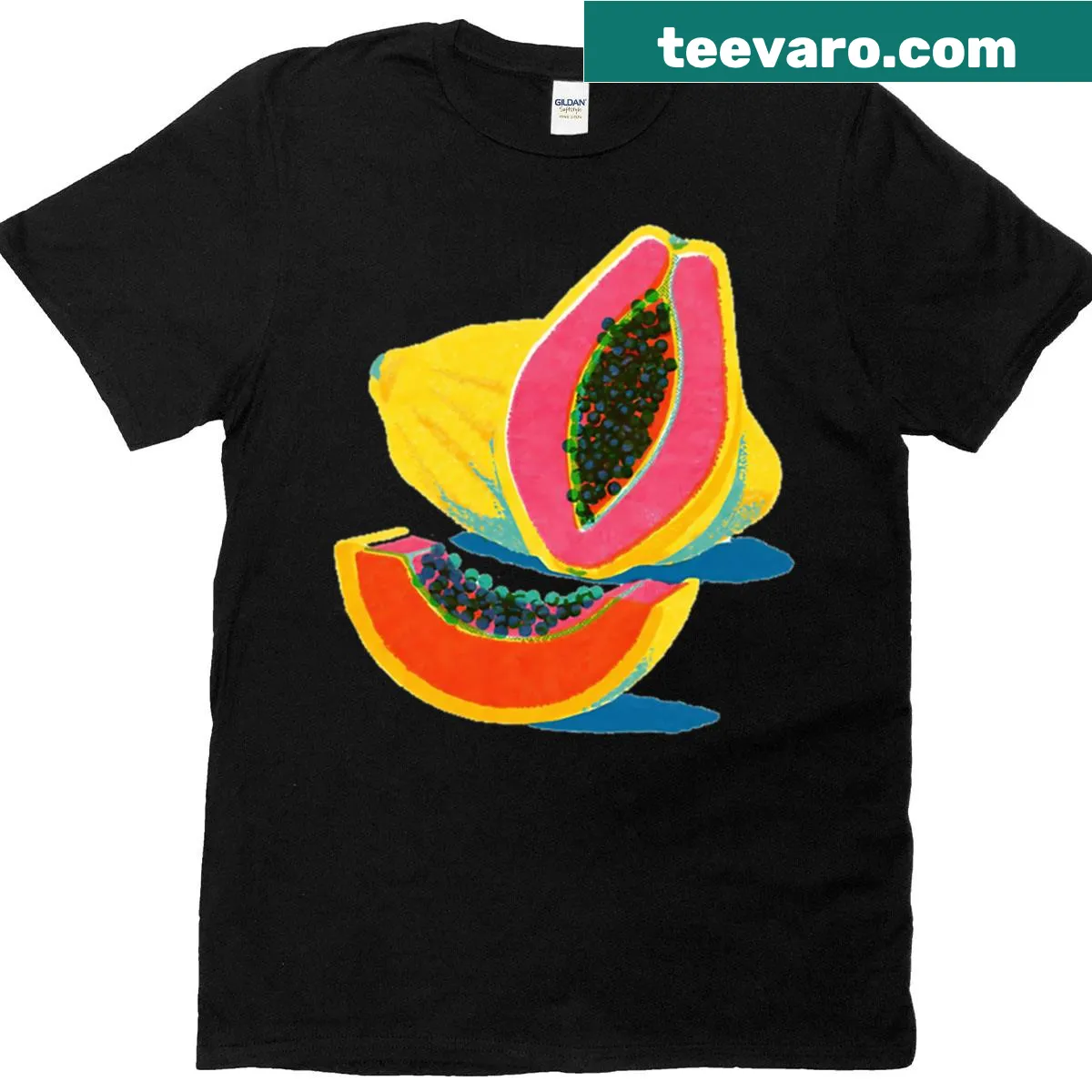 T-shirt featuring a retro papaya illustration print — on a men's t-shirt