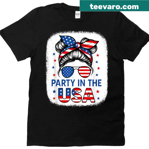 T-shirt featuring a girl with a messy bun celebrating 4th of July