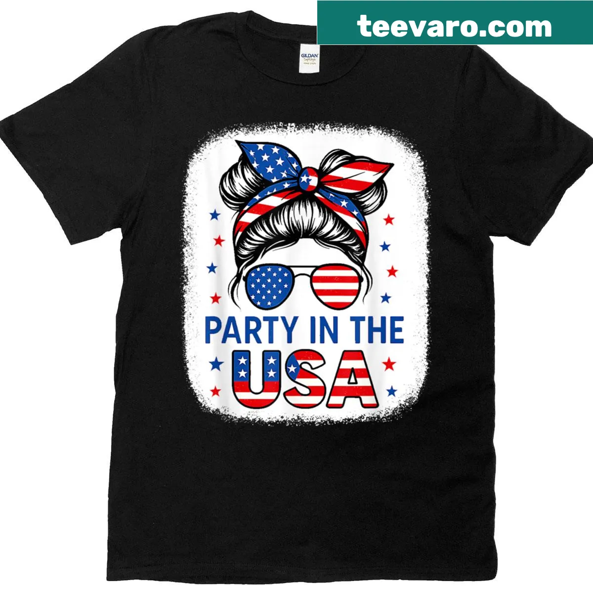 T-shirt featuring a girl with a messy bun celebrating 4th of July — on a men's t-shirt