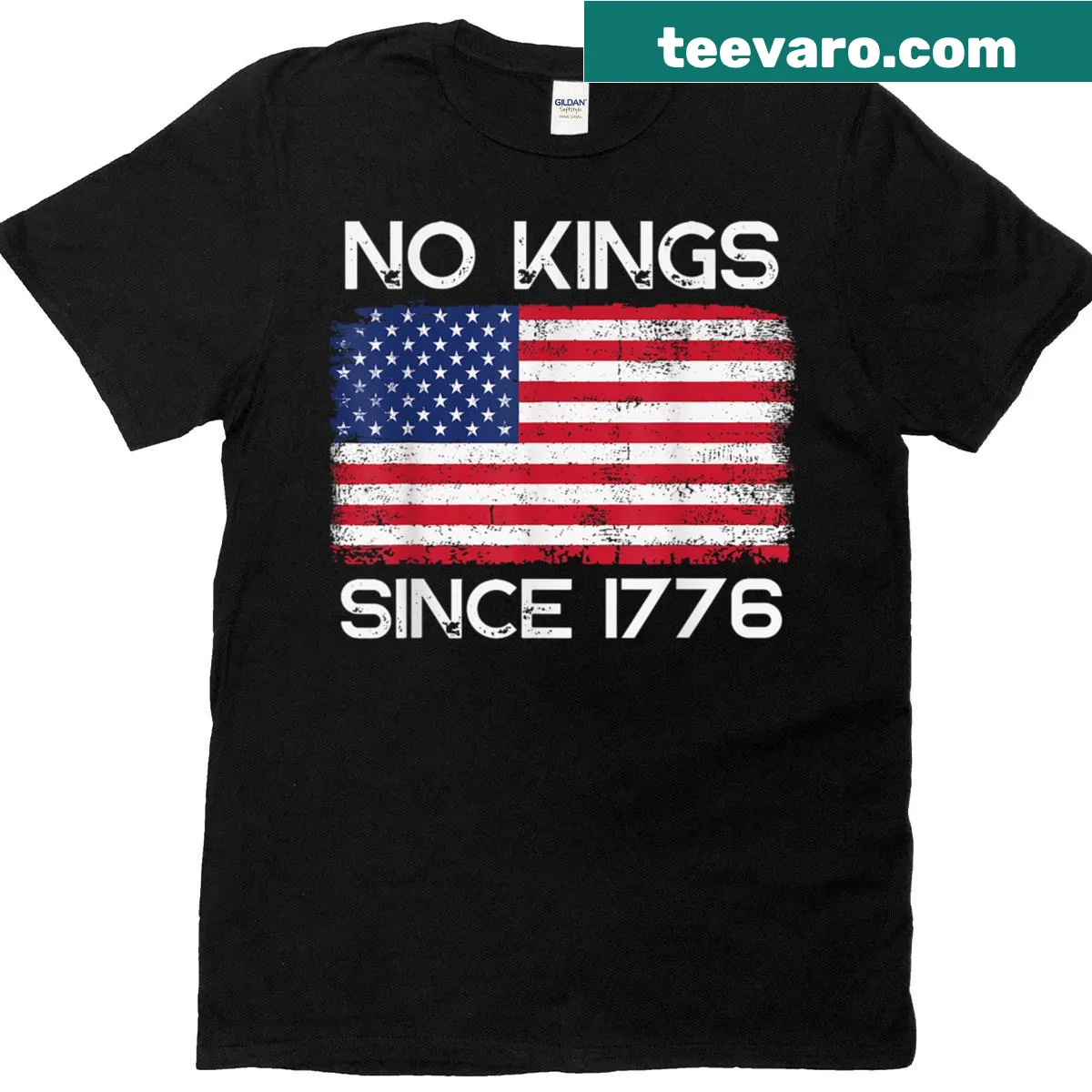 Patriotic t-shirt with American flag and 'No Kings Since 1776' text — on a men's t-shirt