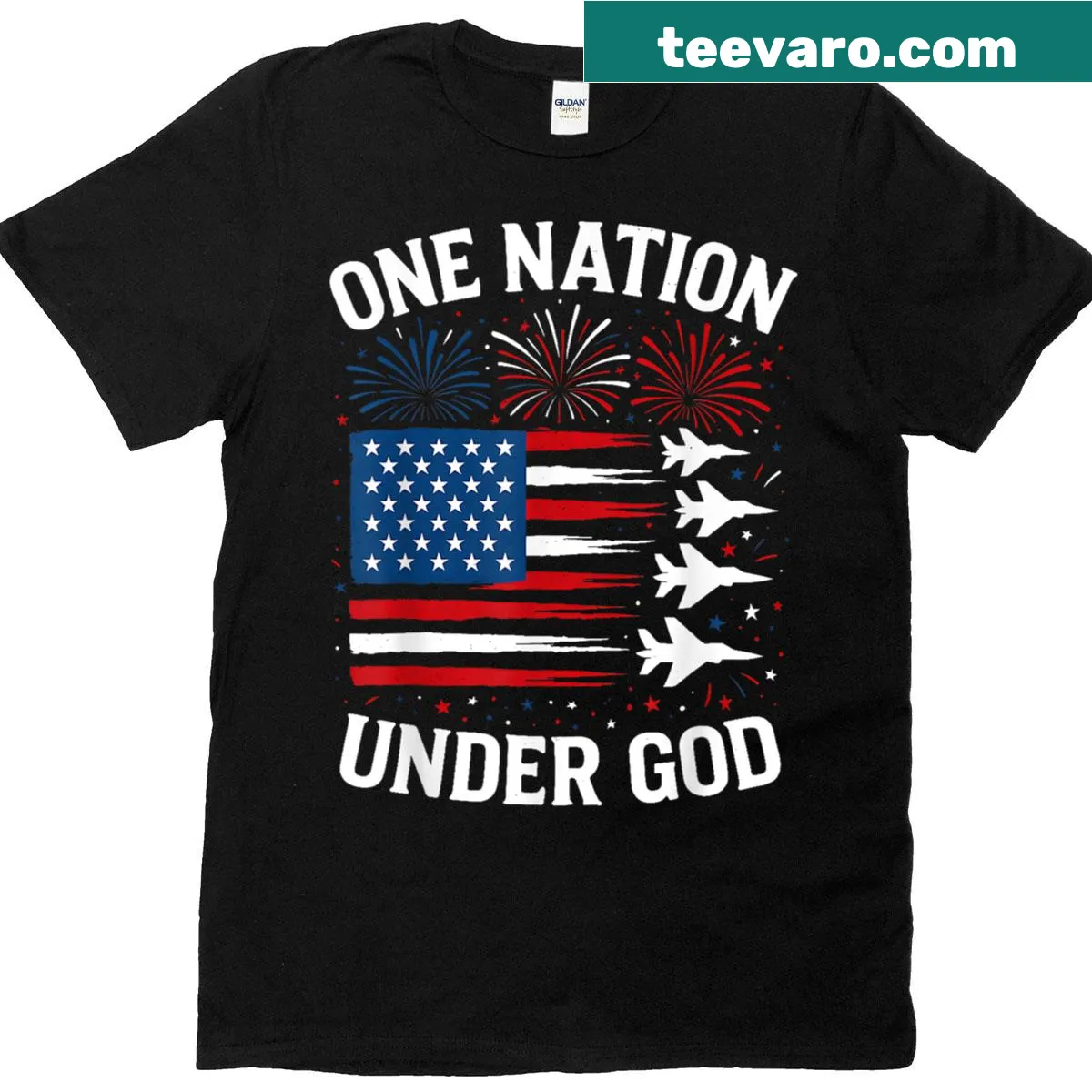 Boys' t-shirt with fighter jet and 'One Nation Under God' text — on a men's t-shirt