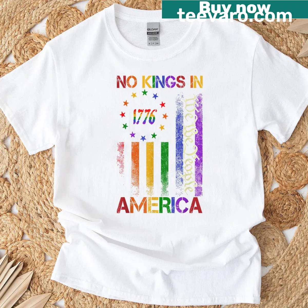 T-shirt featuring the message 'No Kings In America' in bold typography — on a men's t-shirt