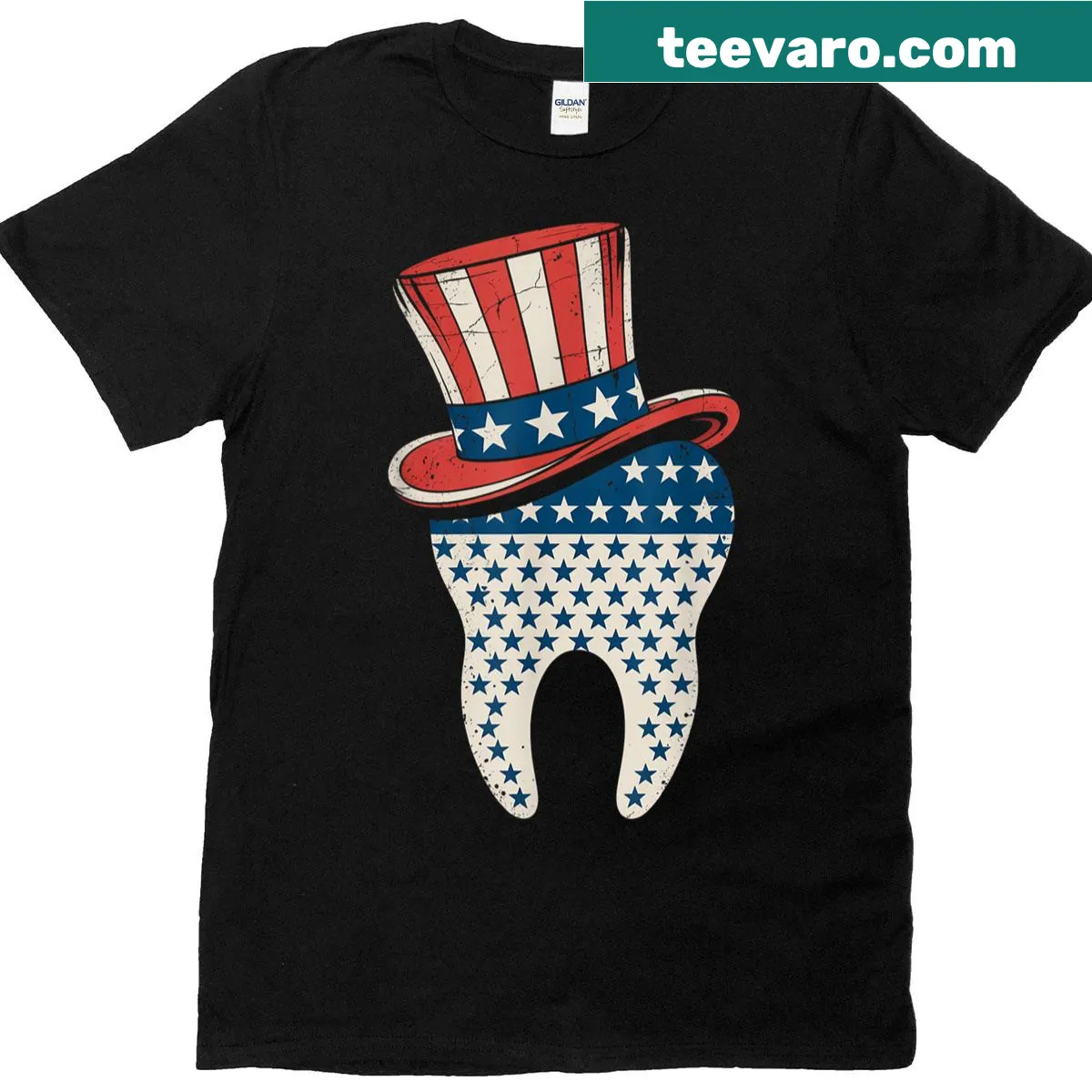 Funny Fourth of July t-shirt with a cartoon patriotic tooth design — on a men's t-shirt