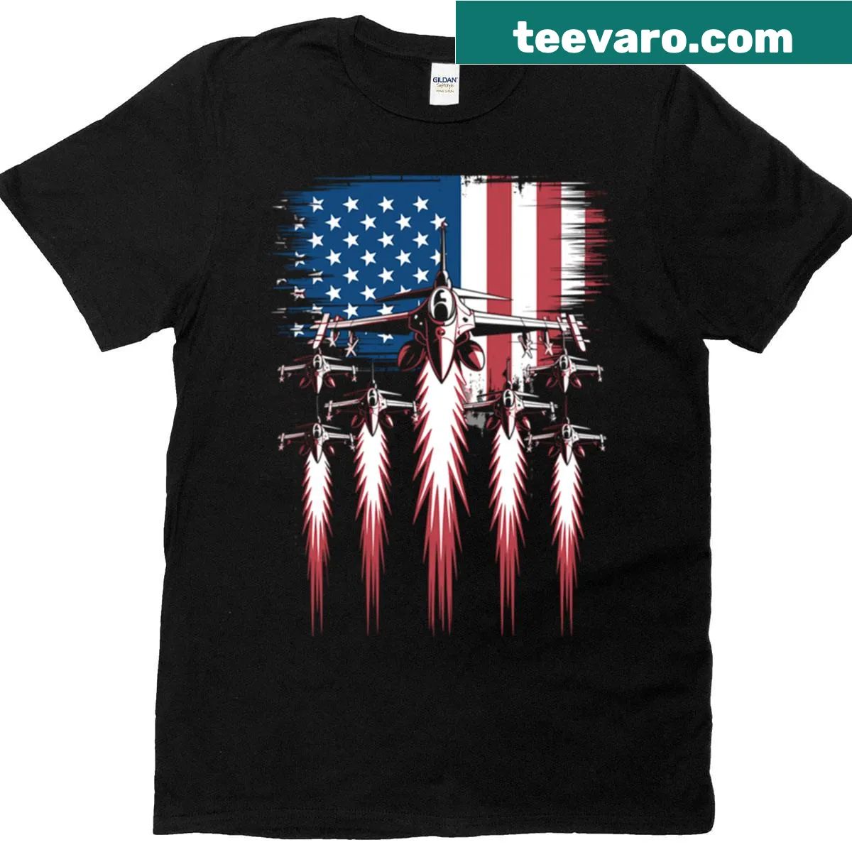 T-shirt featuring fighter jets flying over an American flag — on a men's t-shirt