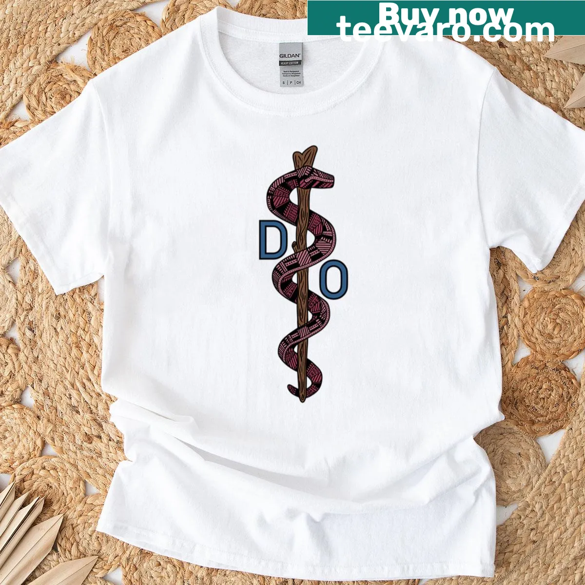 Minimalist line-art T-shirt featuring the Staff of Asclepius. — on a men's t-shirt