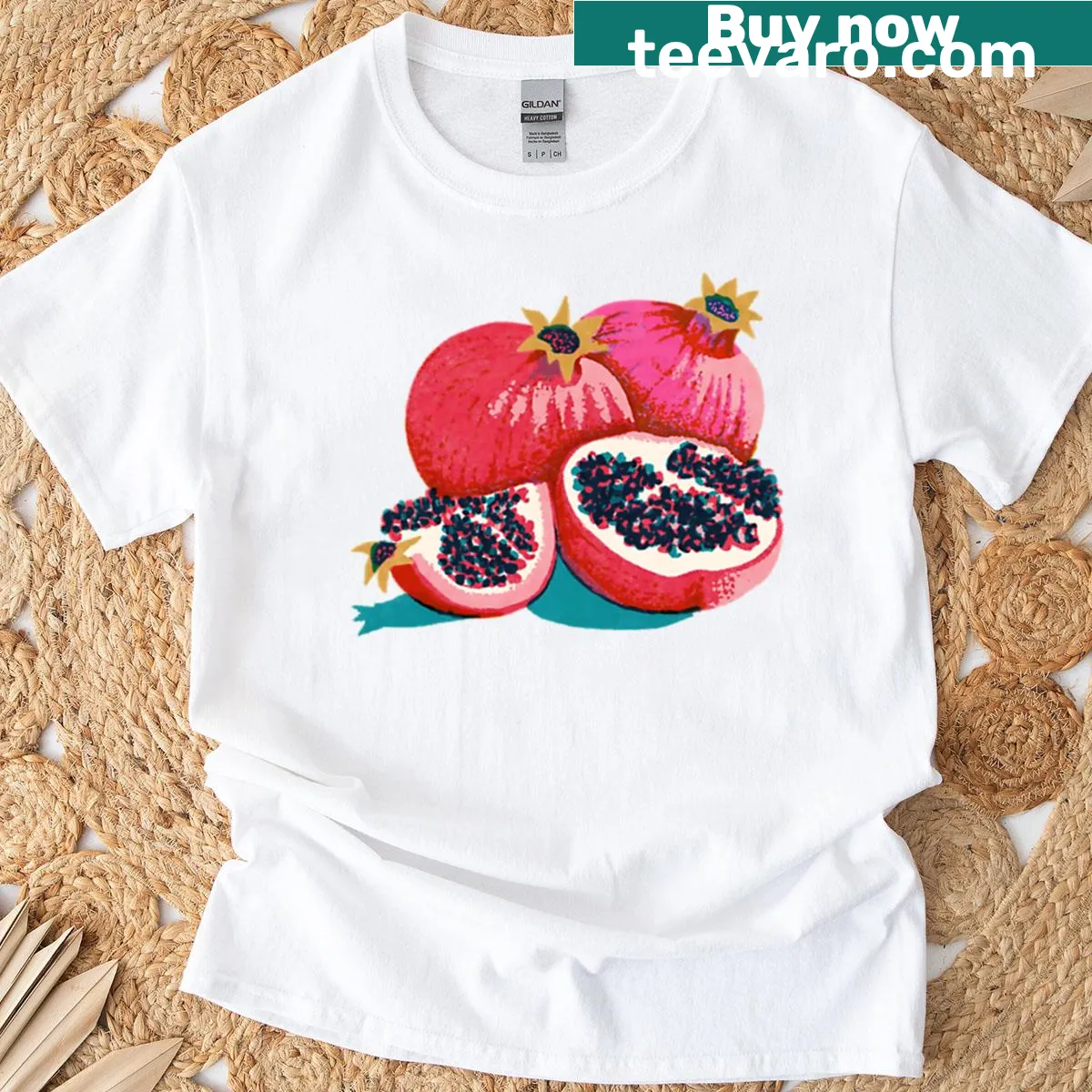Retro-style pomegranate illustration on a T-shirt — on a men's t-shirt