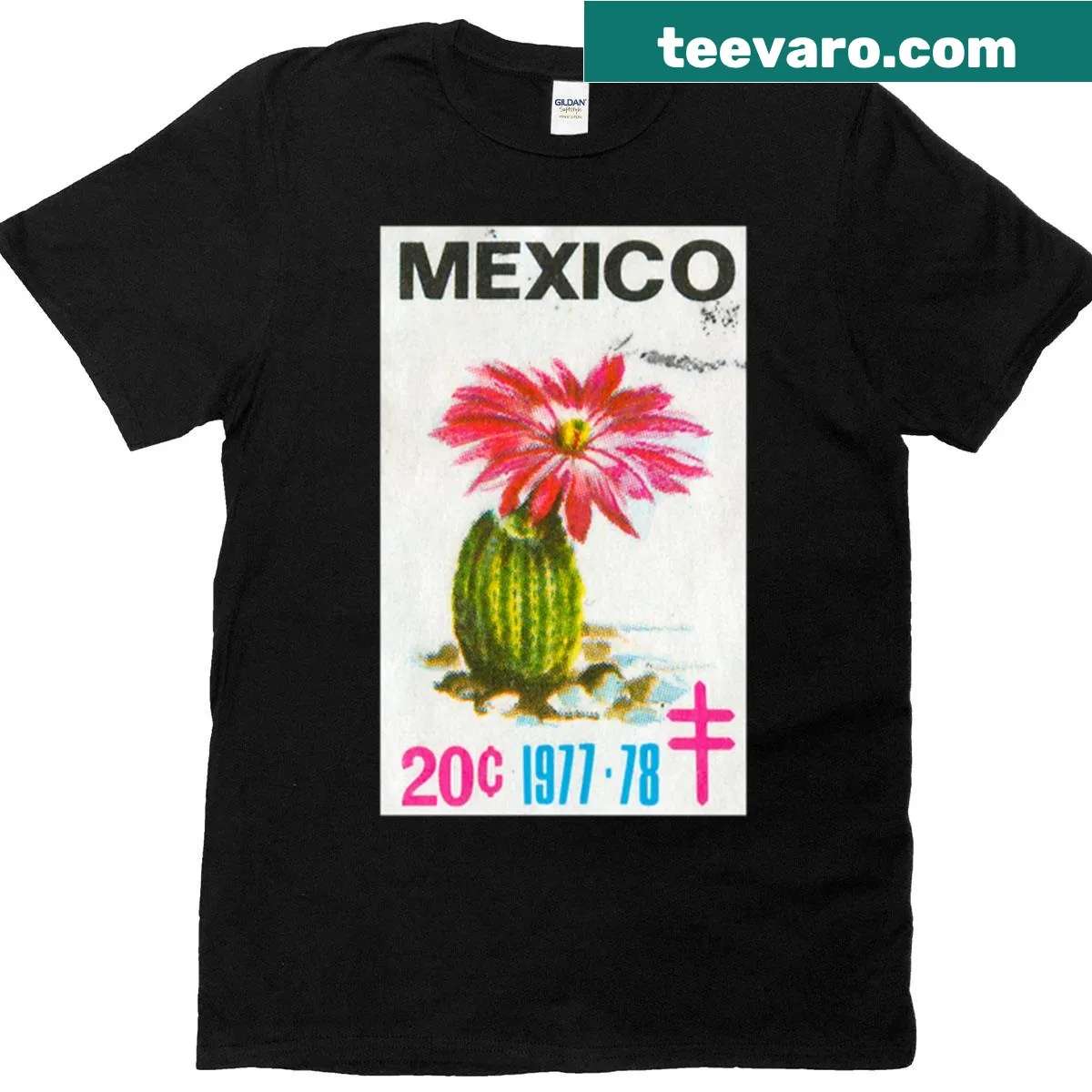 Vintage-style T-shirt featuring Mexican stamp art from 1977-78 — on a men's t-shirt