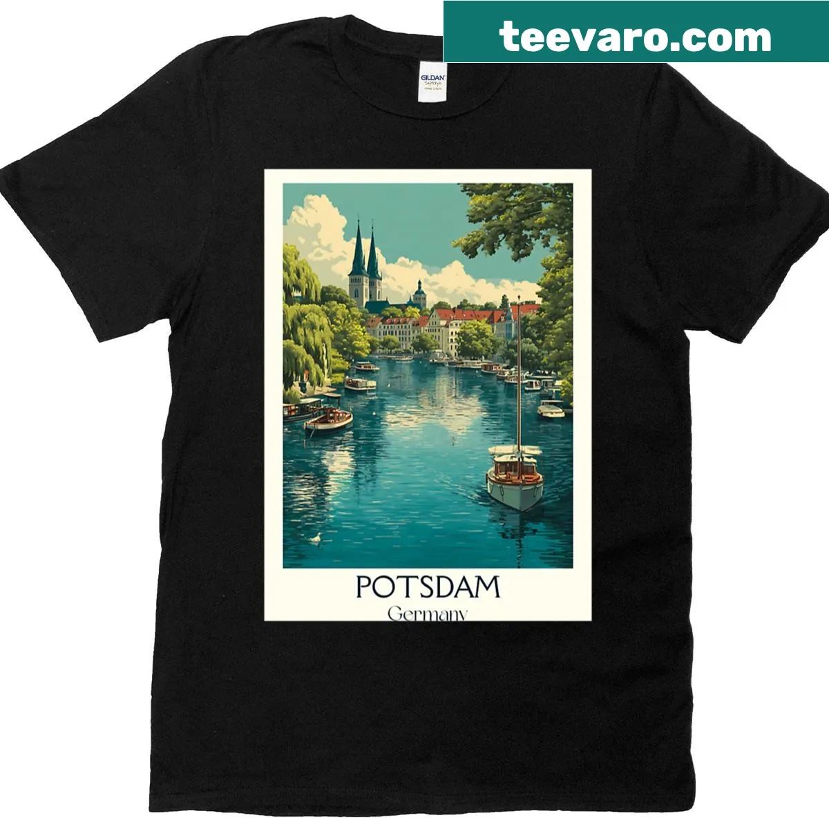 Illustrated Potsdam river and palaces design on T-shirt — on a men's t-shirt