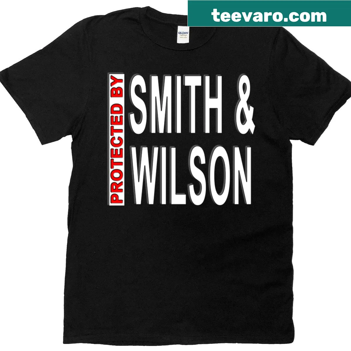 Bold T-shirt declaring protection by Smith Wilson — on a men's t-shirt