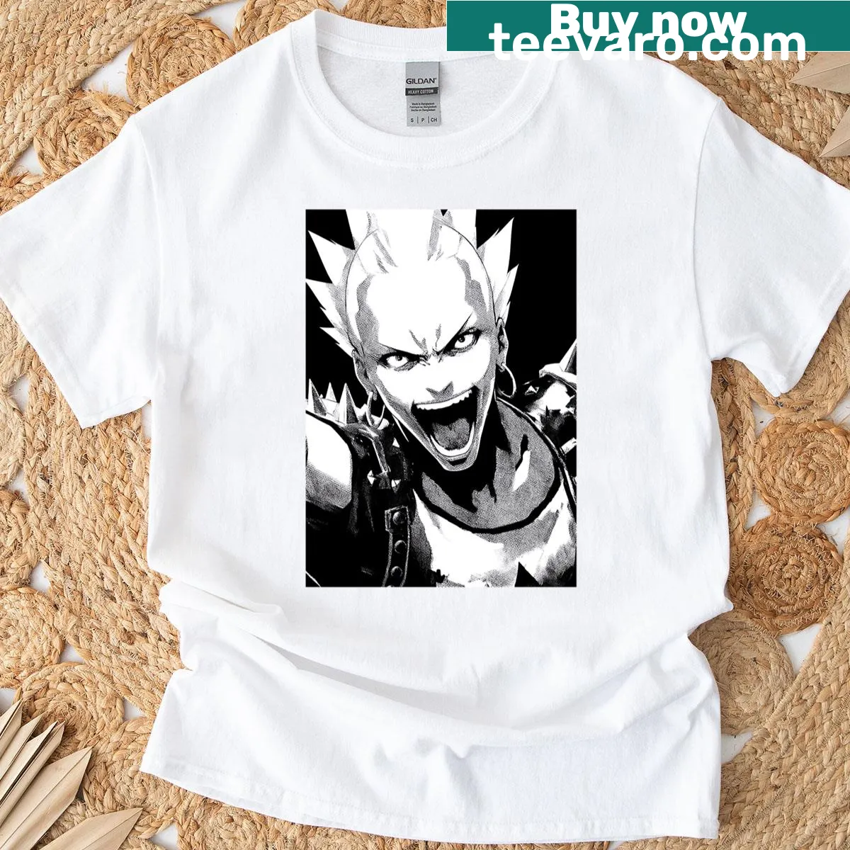 Punk rock themed t-shirt featuring a mohawked character — on a men's t-shirt
