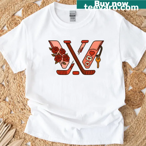 Heart-themed T-shirt celebrating women’s ice hockey for Valentine’s Day
