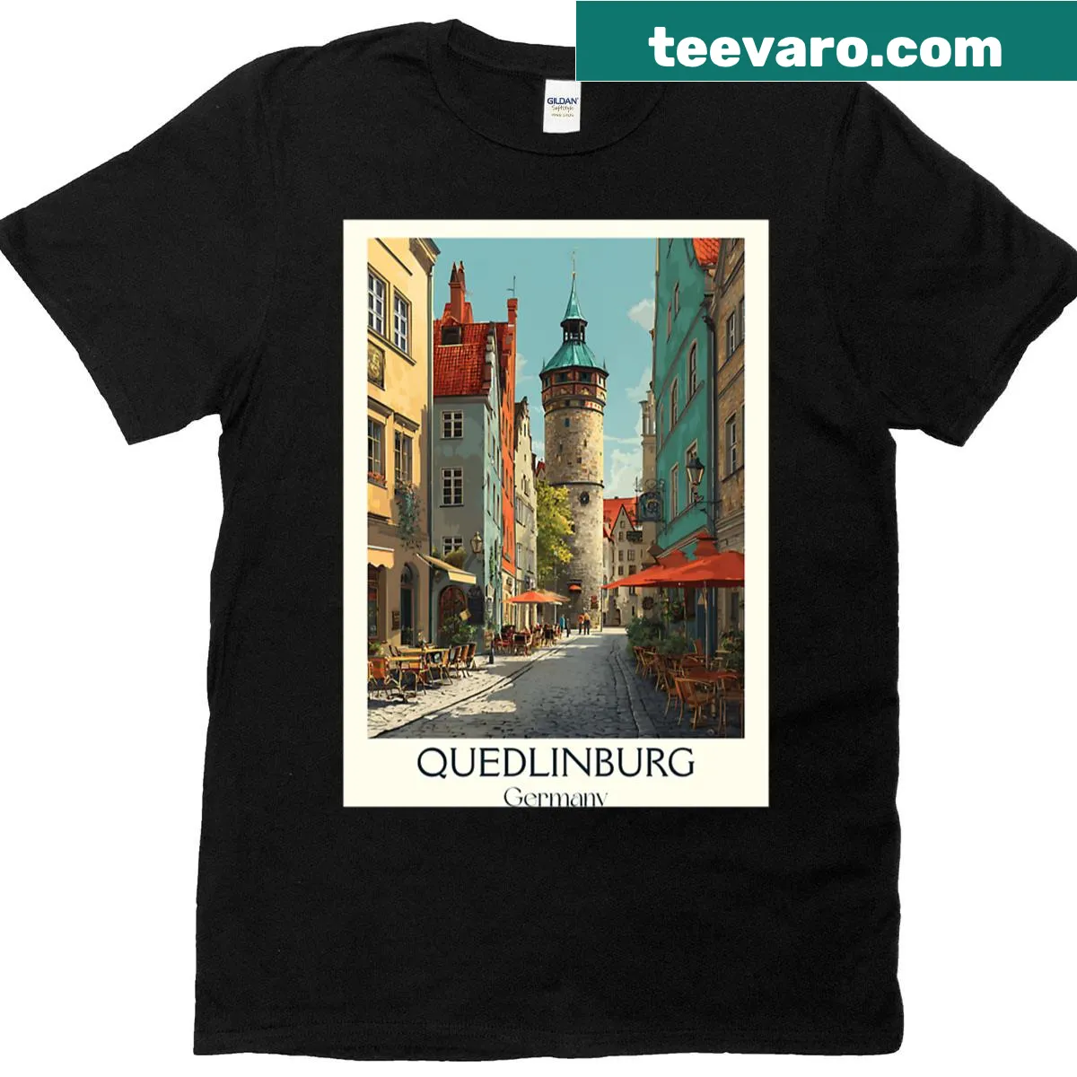 Illustration of Quedlinburg, Germany's half-timbered buildings on a t-shirt — on a men's t-shirt