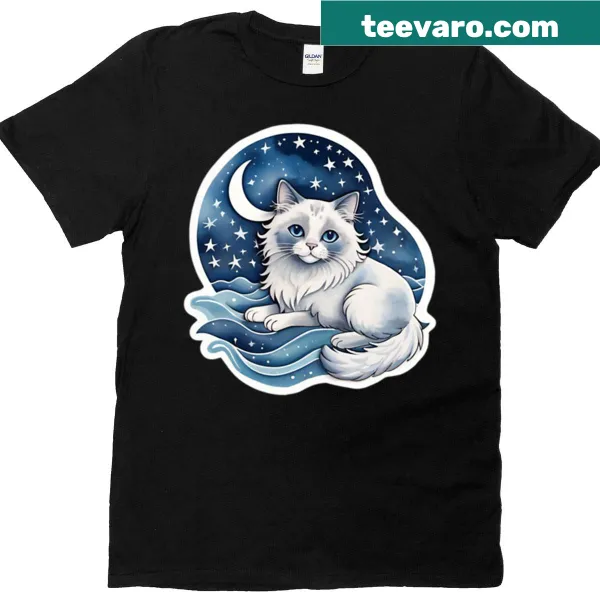 Illustration of a dreaming Ragdoll cat on ocean waves