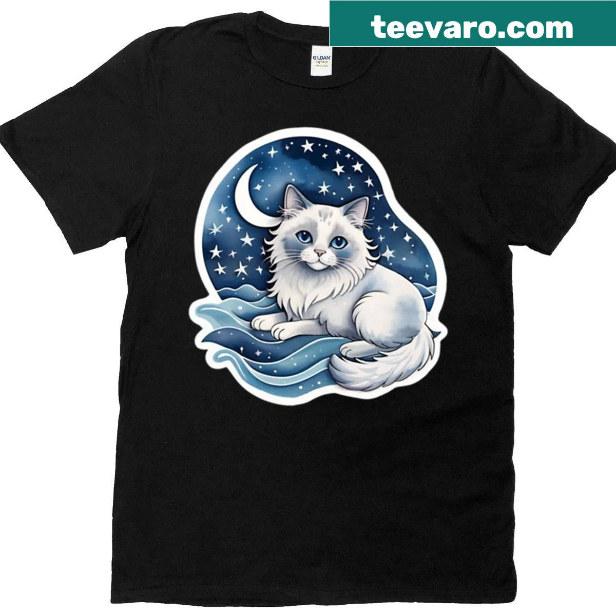Illustration of a dreaming Ragdoll cat on ocean waves — on a men's t-shirt