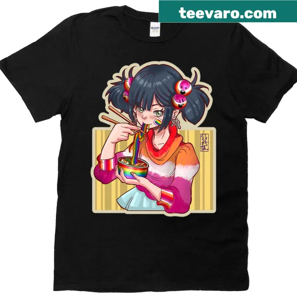 Whimsical rainbow ramen bowl graphic on a T-shirt