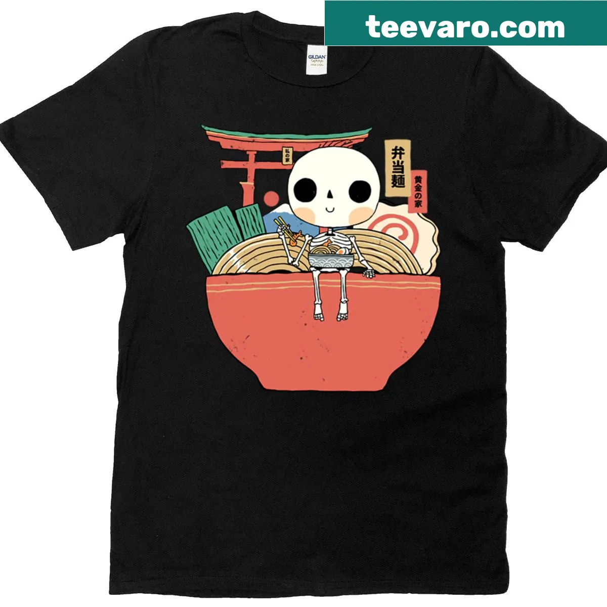 Cartoon T-shirt featuring a skeleton with a ramen bento box. — on a men's t-shirt
