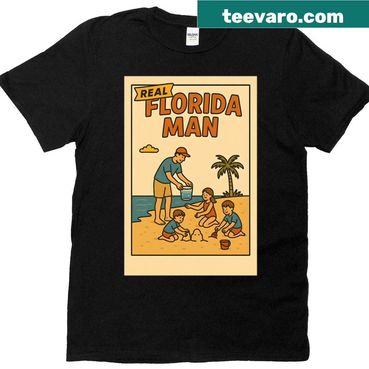 Heartwarming T-shirt of a dad playing with kids on the beach — on a men's t-shirt