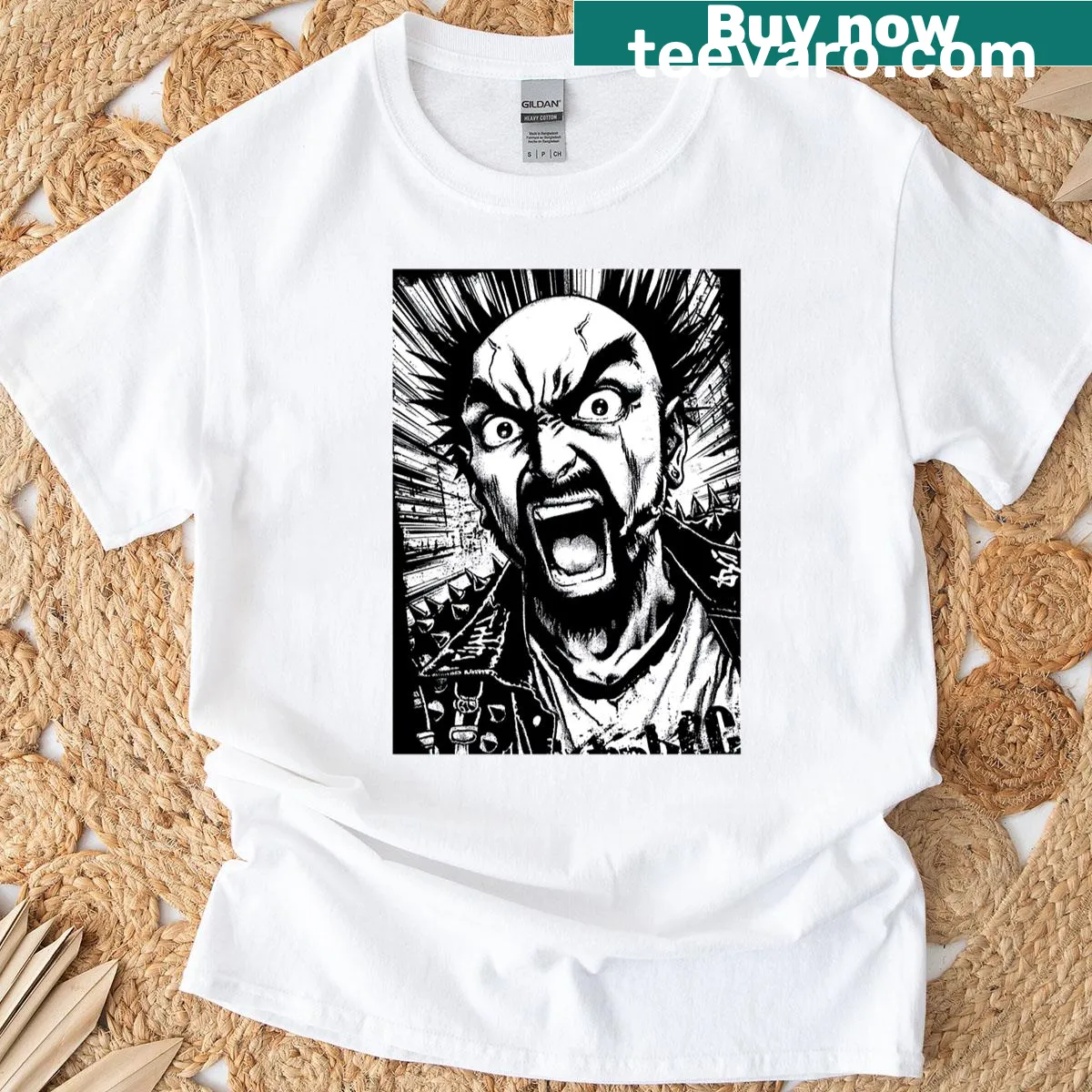 Edgy t-shirt featuring a goth punk character with tattoos and piercings — on a men's t-shirt
