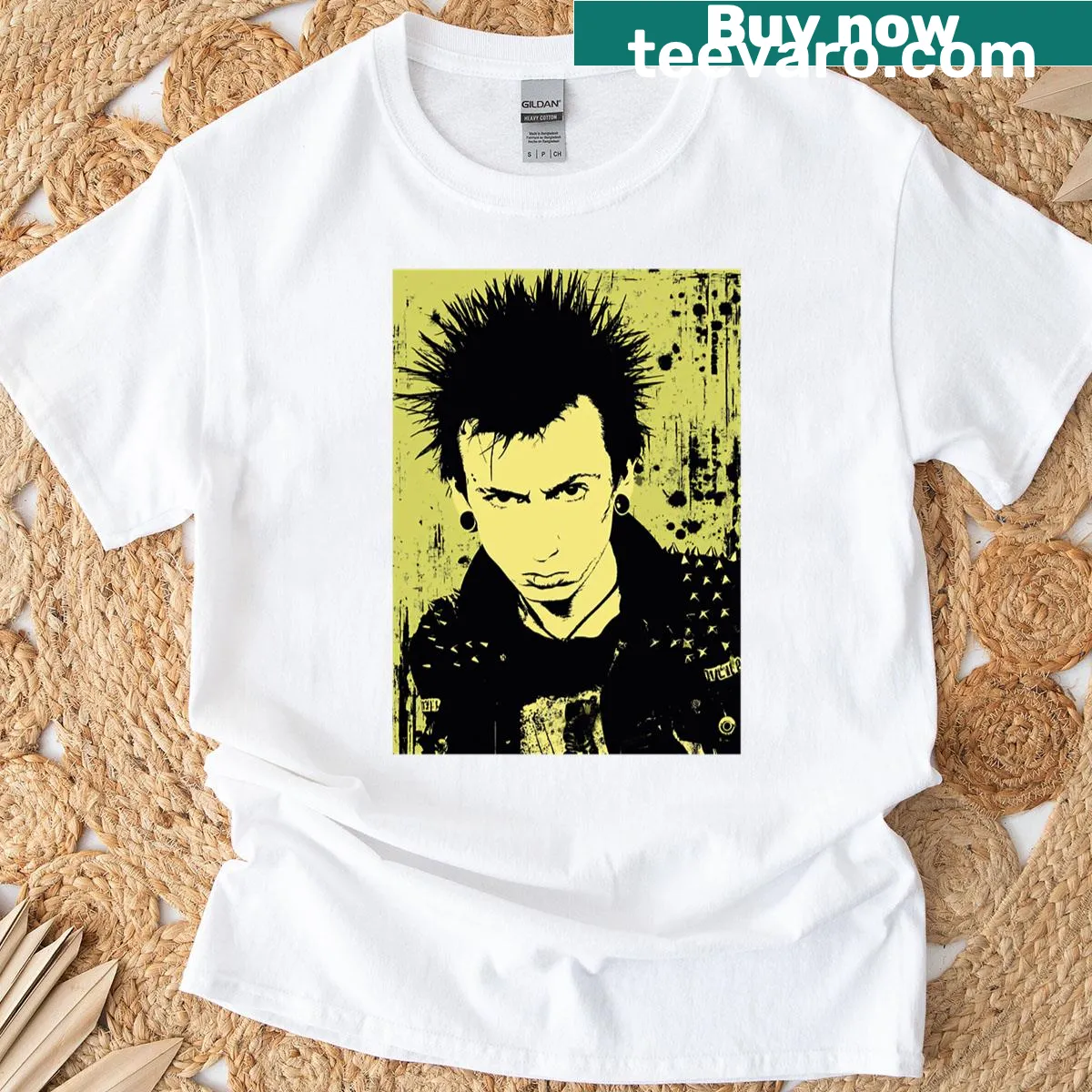 Illustrated T-shirt featuring a rebel with mohawk and tattoos — on a men's t-shirt