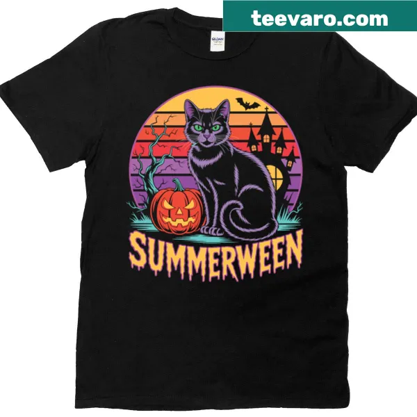 Cartoon black cat design embodying spooky cute Summerween vibes.
