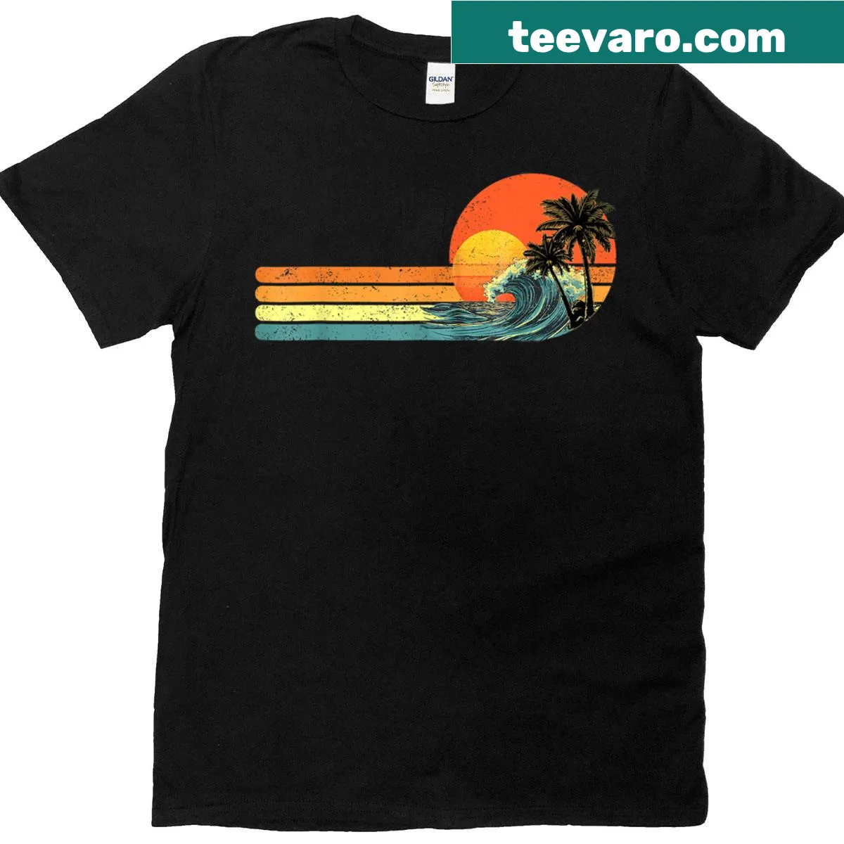 Vintage-style t-shirt showcasing a tropical sunset with palm trees. — on a men's t-shirt
