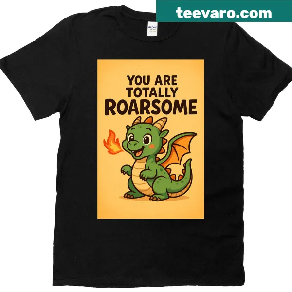 Cartoon dragon graphic with pun text on a T-shirt