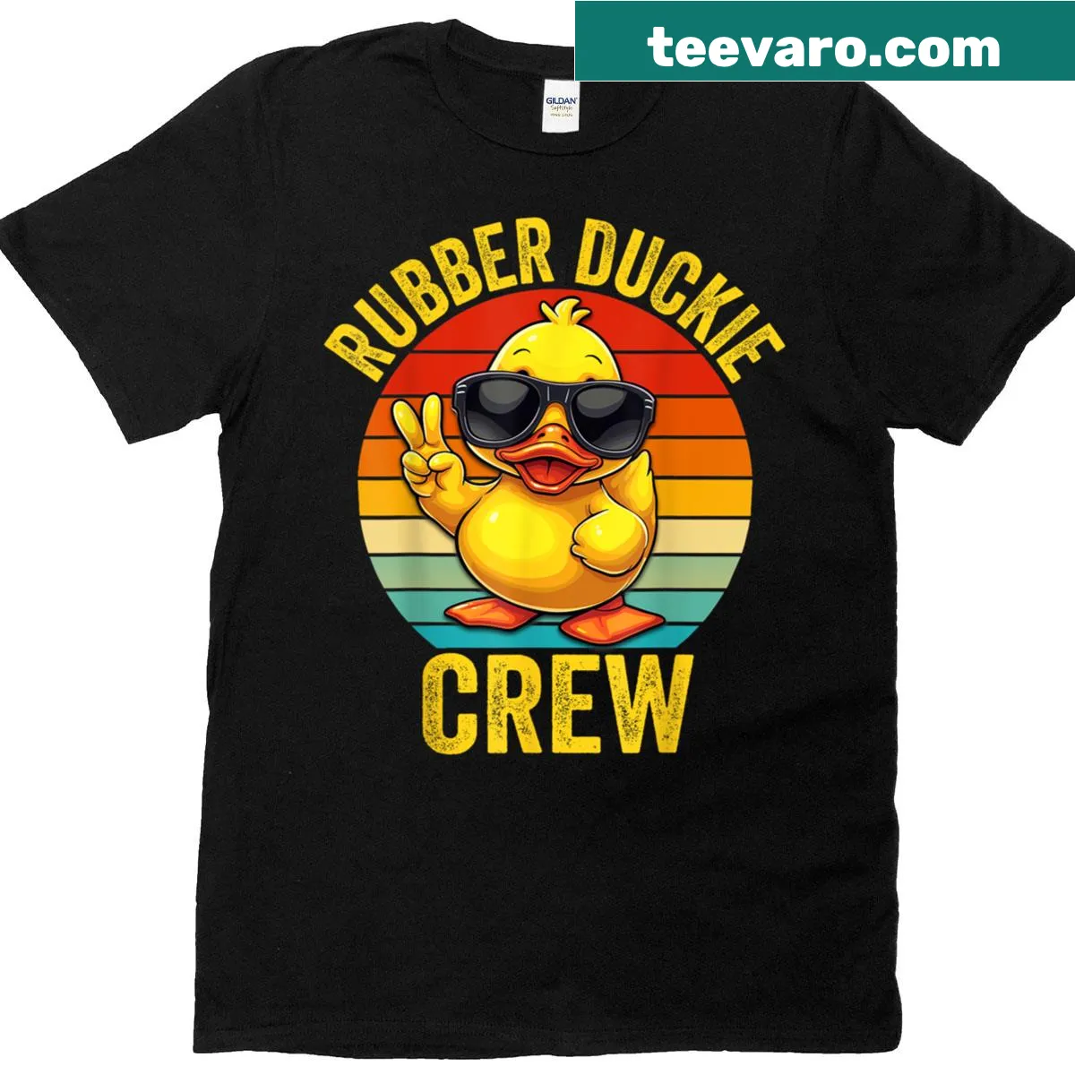 Cartoon rubber duck design featuring a crew of ducks on a T-shirt — on a men's t-shirt