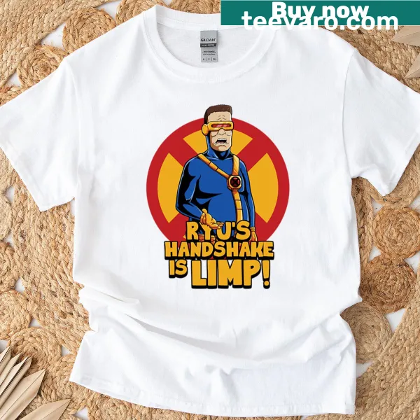 Cartoon graphic of a limp handshake on a t-shirt