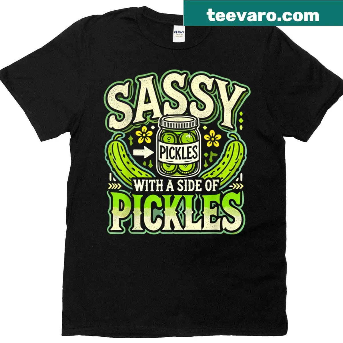 Sassy pickle-themed T-shirt with playful typography — on a men's t-shirt