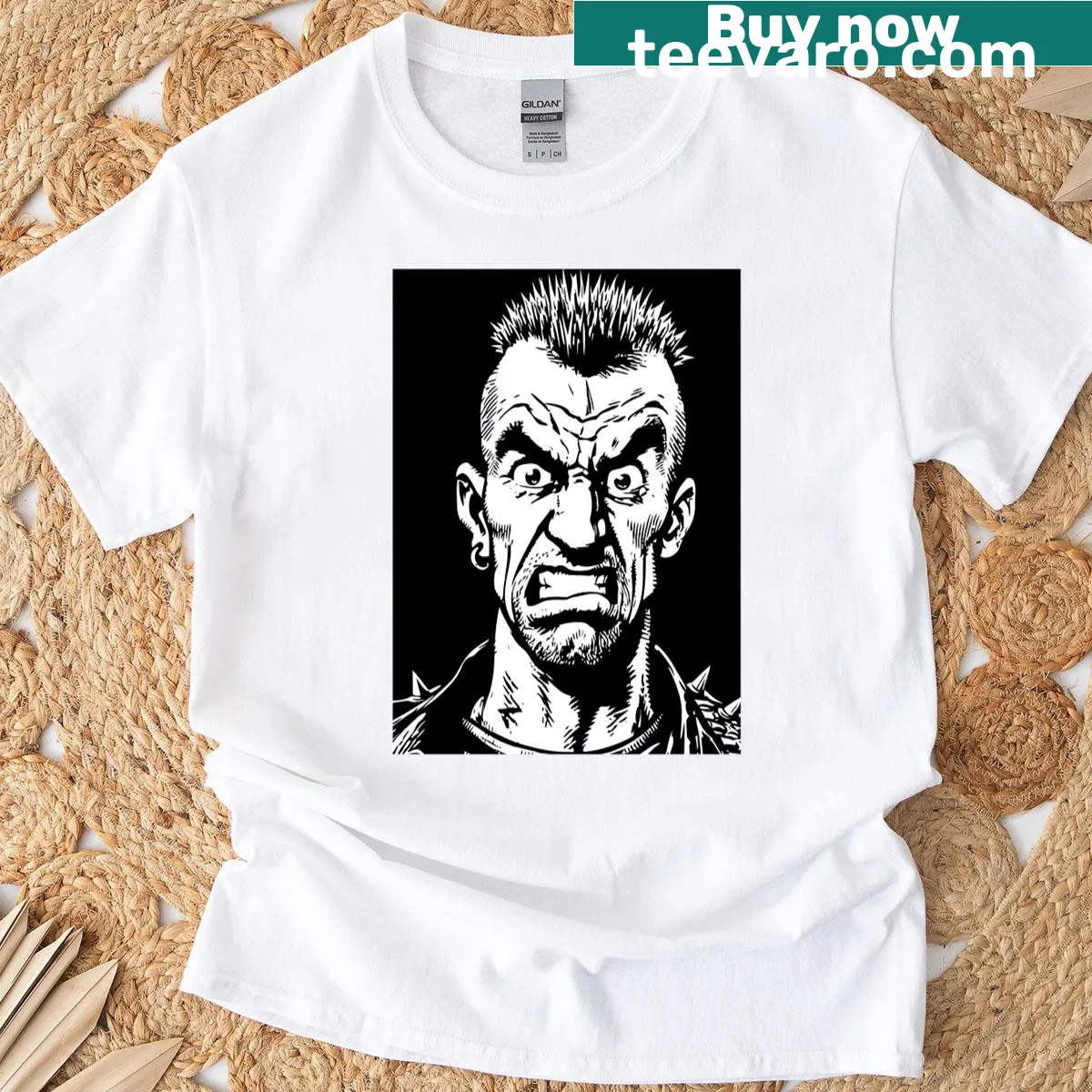 Punk rocker T-shirt featuring gothic pierced face illustration — on a men's t-shirt