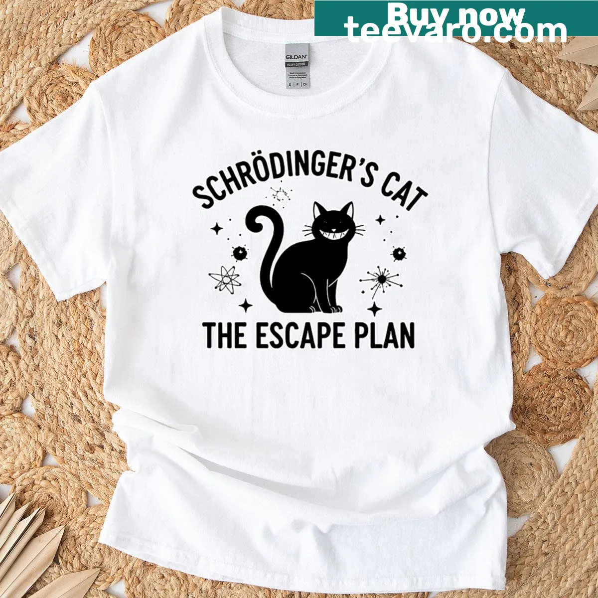 Graphic t-shirt featuring Schrödinger's Cat and a humorous escape plan — on a men's t-shirt